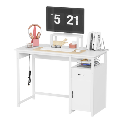 Computer Desk with Power Outlets and Monitor Stand, Small Home Office Desk with Storage Drawer & Cabinet, Compact Study Writing Desk PC Workstation for Small Spaces