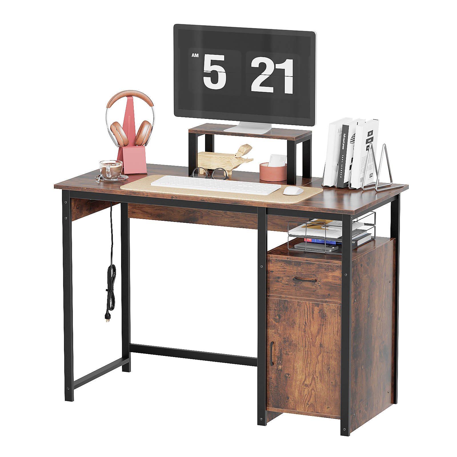 Computer Desk with Power Outlets and Monitor Stand, Small Home Office Desk with Storage Drawer & Cabinet, Compact Study Writing Desk PC Workstation for Small Spaces