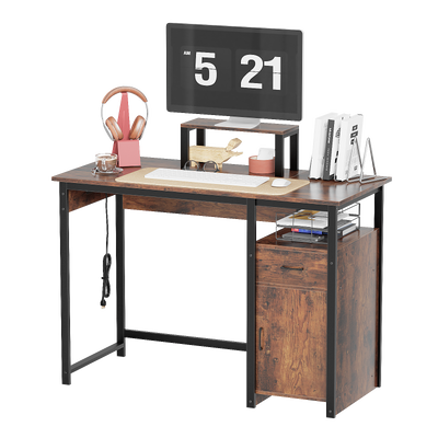 Computer Desk with Power Outlets and Monitor Stand, Small Home Office Desk with Storage Drawer & Cabinet, Compact Study Writing Desk PC Workstation for Small Spaces