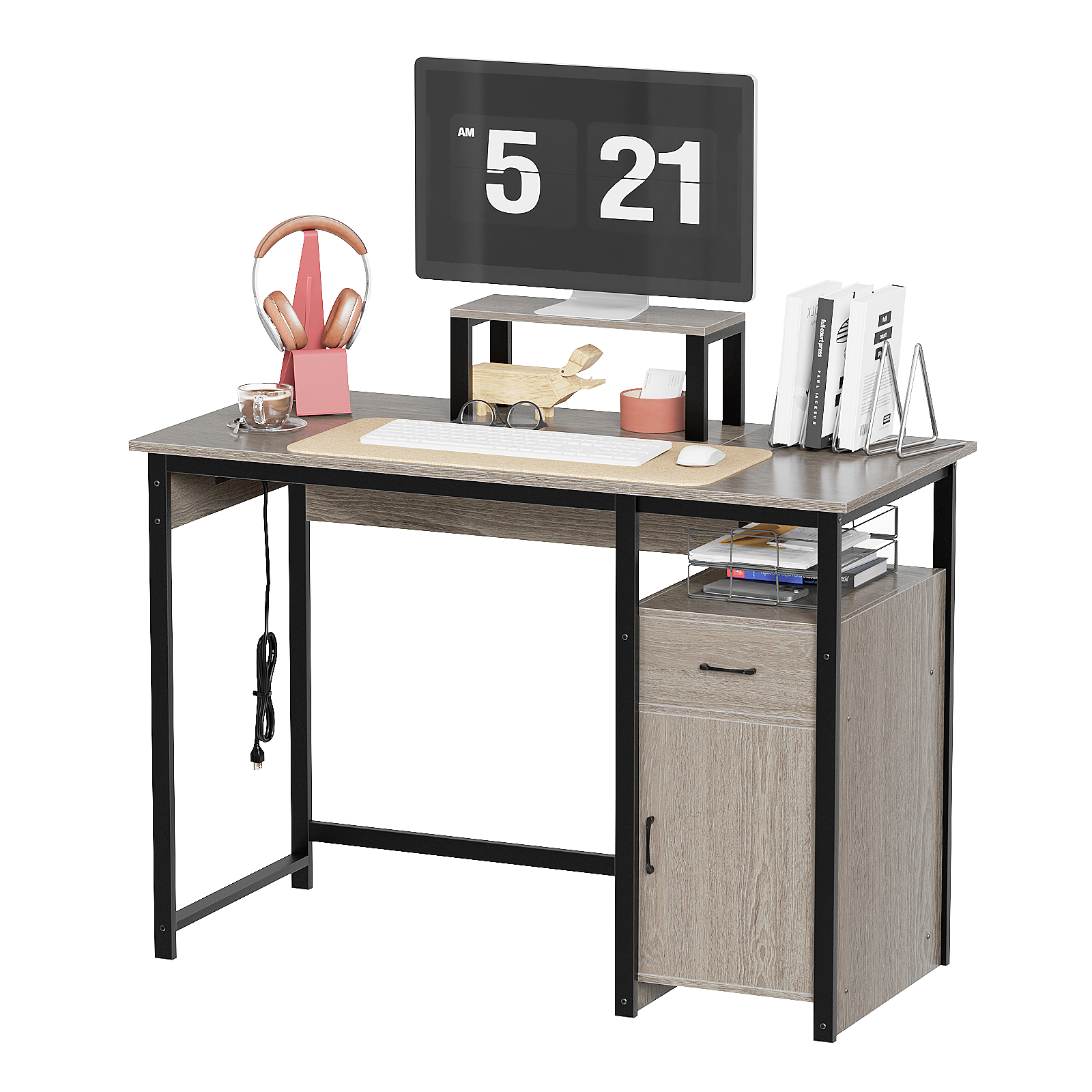 Computer Desk with Power Outlets and Monitor Stand, Small Home Office Desk with Storage Drawer & Cabinet, Compact Study Writing Desk PC Workstation for Small Spaces