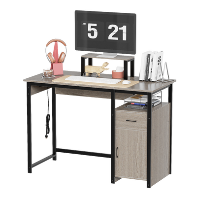 Computer Desk with Power Outlets and Monitor Stand, Small Home Office Desk with Storage Drawer & Cabinet, Compact Study Writing Desk PC Workstation for Small Spaces