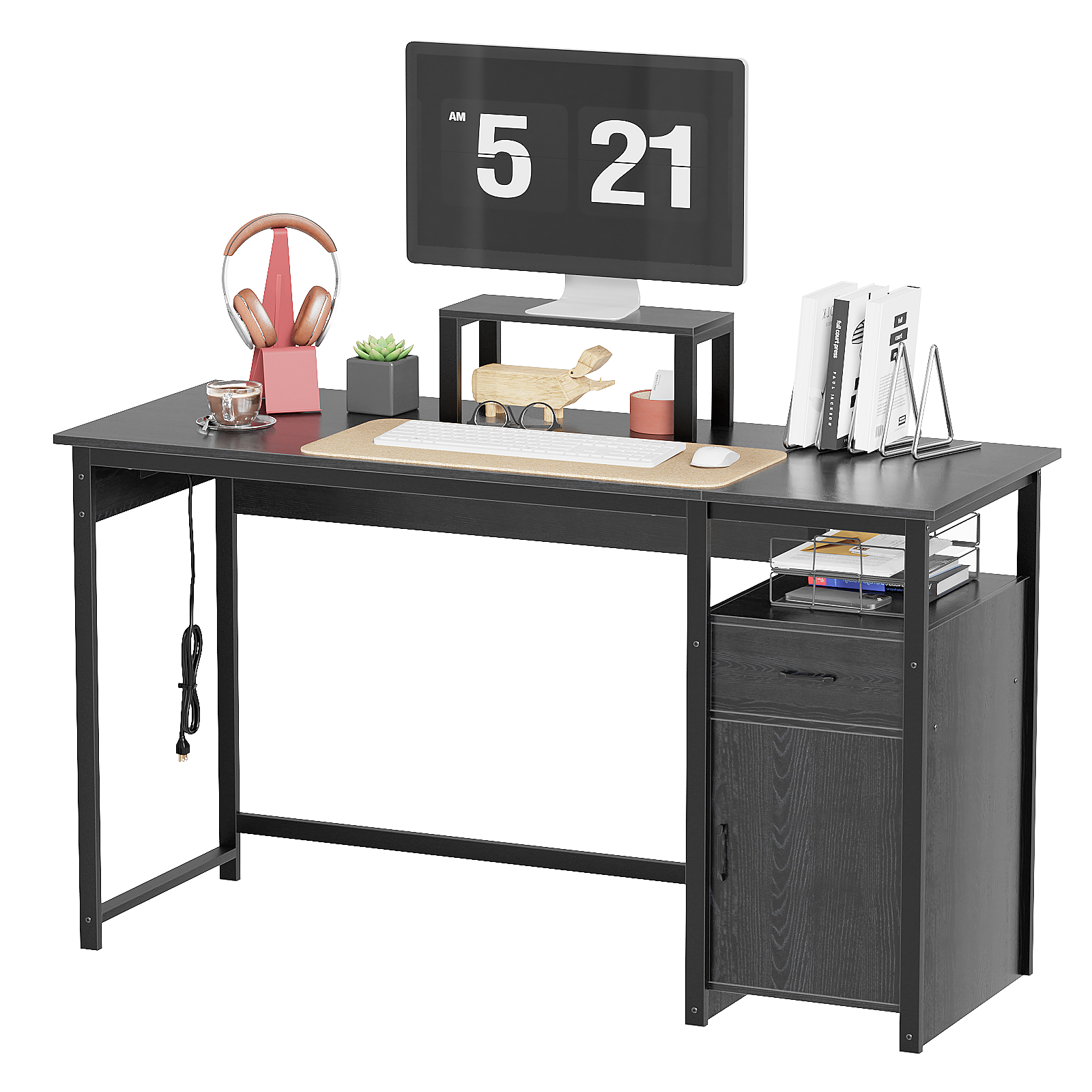 Computer Desk with Power Outlets and Monitor Stand, Small Home Office Desk with Storage Drawer & Cabinet, Compact Study Writing Desk PC Workstation for Small Spaces