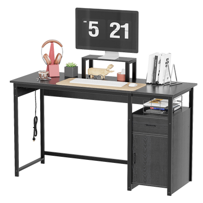 Computer Desk with Power Outlets and Monitor Stand, Small Home Office Desk with Storage Drawer & Cabinet, Compact Study Writing Desk PC Workstation for Small Spaces