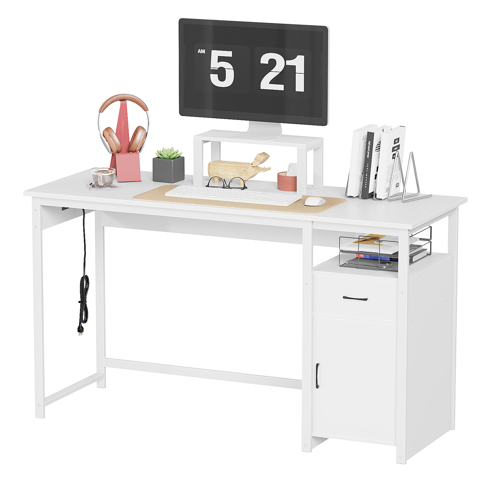Computer Desk with Power Outlets and Monitor Stand, Small Home Office Desk with Storage Drawer & Cabinet, Compact Study Writing Desk PC Workstation for Small Spaces