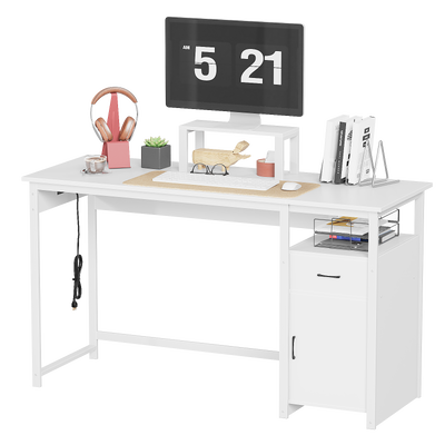 Computer Desk with Power Outlets and Monitor Stand, Small Home Office Desk with Storage Drawer & Cabinet, Compact Study Writing Desk PC Workstation for Small Spaces