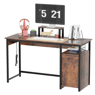 Computer Desk with Power Outlets and Monitor Stand, Small Home Office Desk with Storage Drawer & Cabinet, Compact Study Writing Desk PC Workstation for Small Spaces
