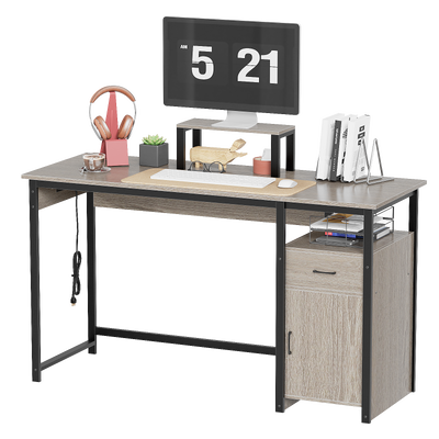 Computer Desk with Power Outlets and Monitor Stand, Small Home Office Desk with Storage Drawer & Cabinet, Compact Study Writing Desk PC Workstation for Small Spaces