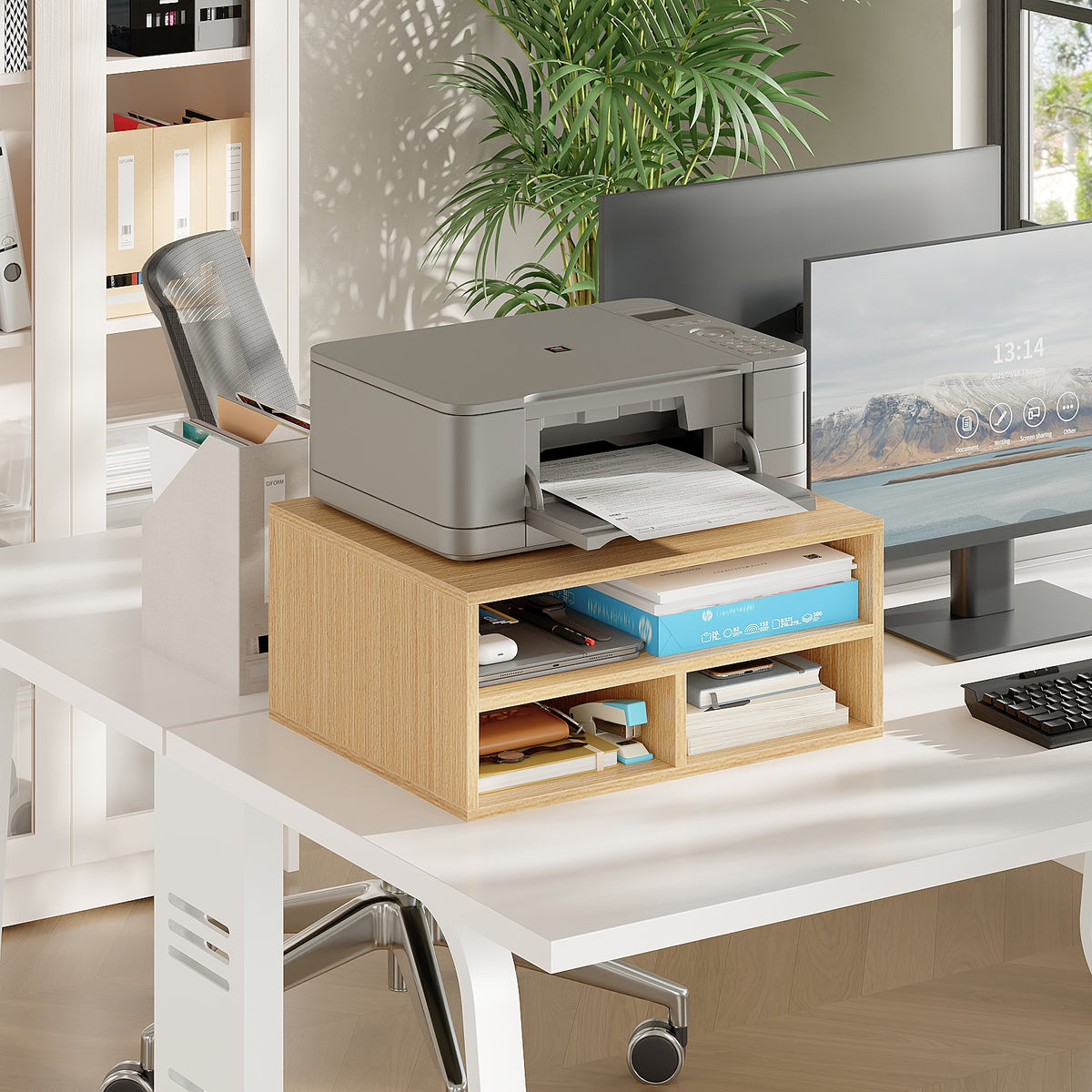 Desktop Printer Stand with 3 Storage Compartments for Home Office