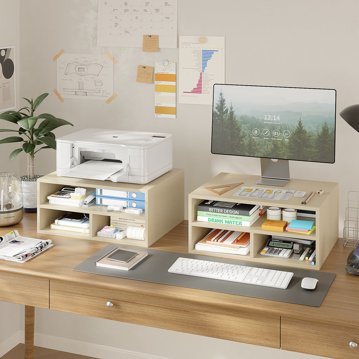 Desktop Printer Stand with 3 Storage Compartments for Home Office