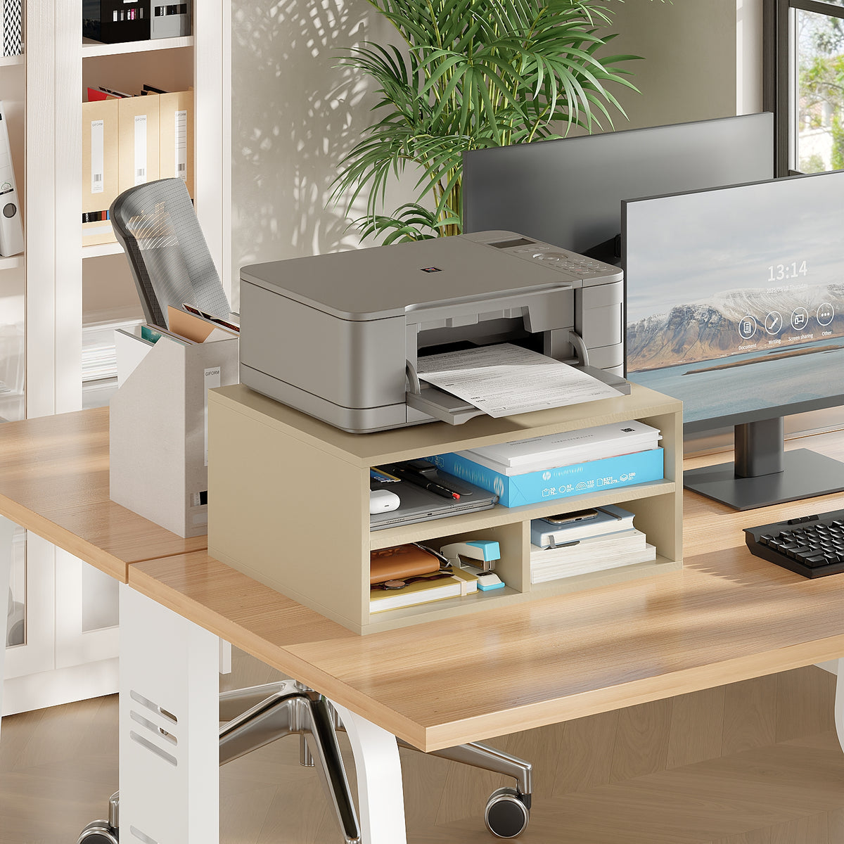 Desktop Printer Stand with 3 Storage Compartments for Home Office