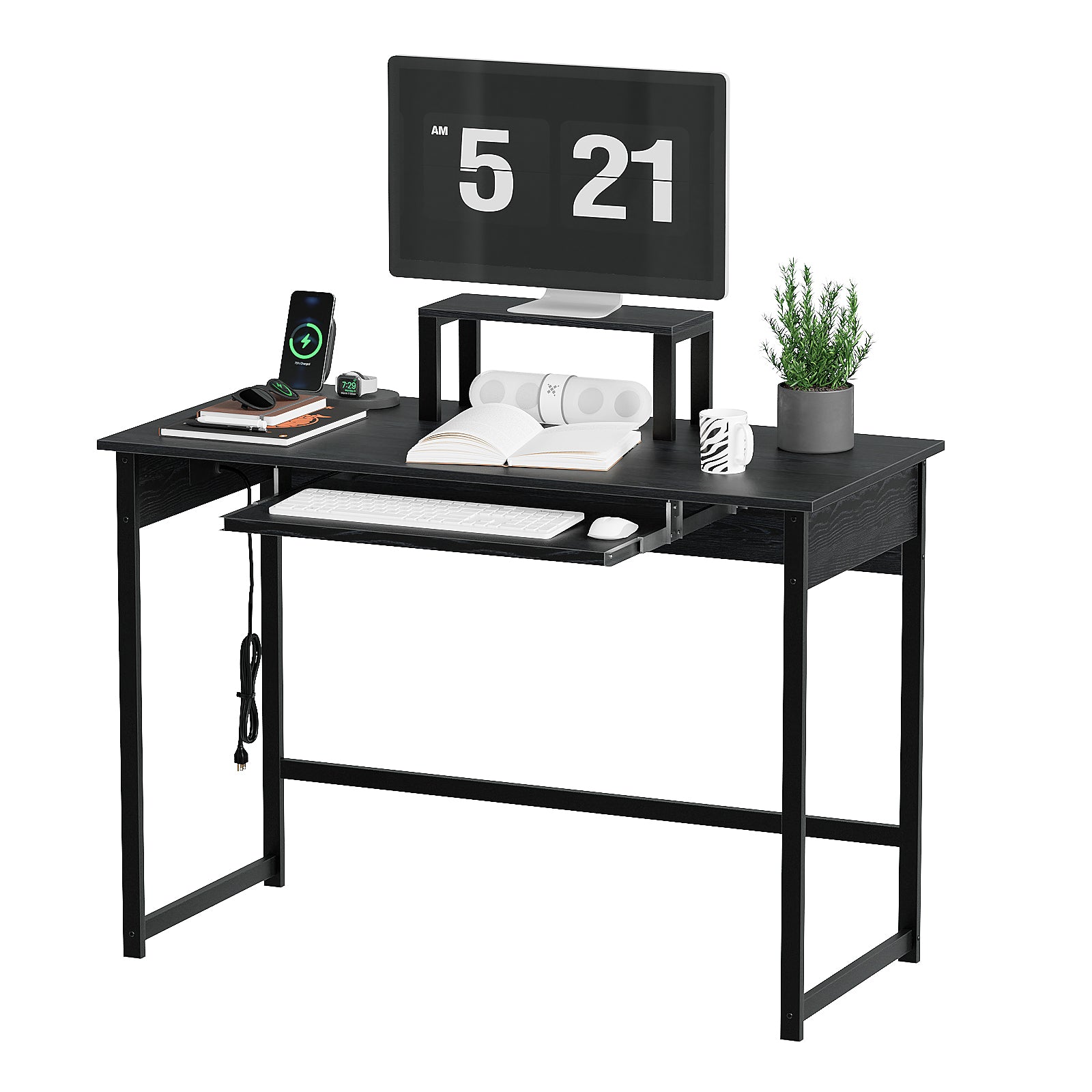 Modern Computer Desk with Keyboard Tray & Monitor Stand, Home Office Desk for Small Spaces, Study Writing Table with Storage Shelves, Gaming Desk, Black