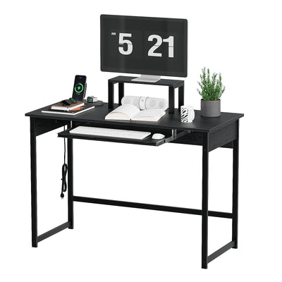 Modern Computer Desk with Keyboard Tray & Monitor Stand, Home Office Desk for Small Spaces, Study Writing Table with Storage Shelves, Gaming Desk, Black