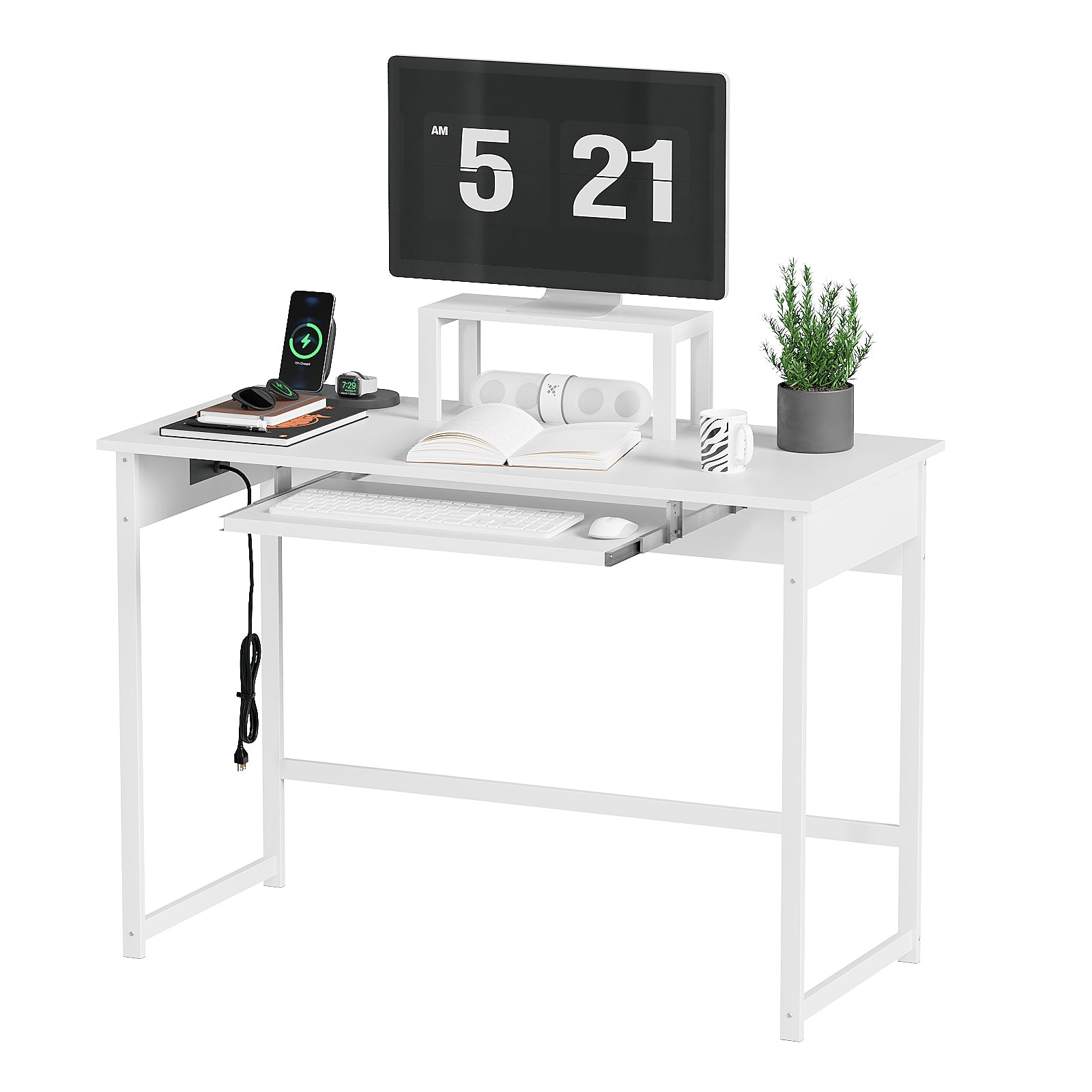 Modern Computer Desk with Keyboard Tray & Monitor Stand, Home Office Desk for Small Spaces, Study Writing Table with Storage Shelves, Gaming Desk, Black