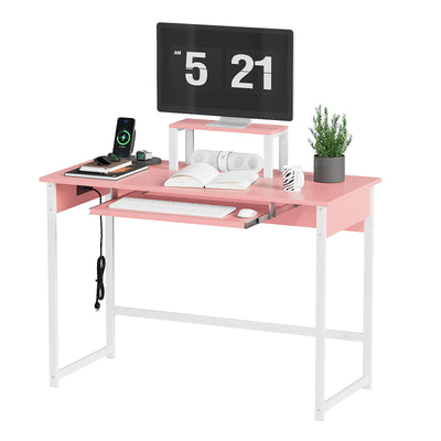 Modern Computer Desk with Keyboard Tray & Monitor Stand, Home Office Desk for Small Spaces, Study Writing Table with Storage Shelves, Gaming Desk, Black