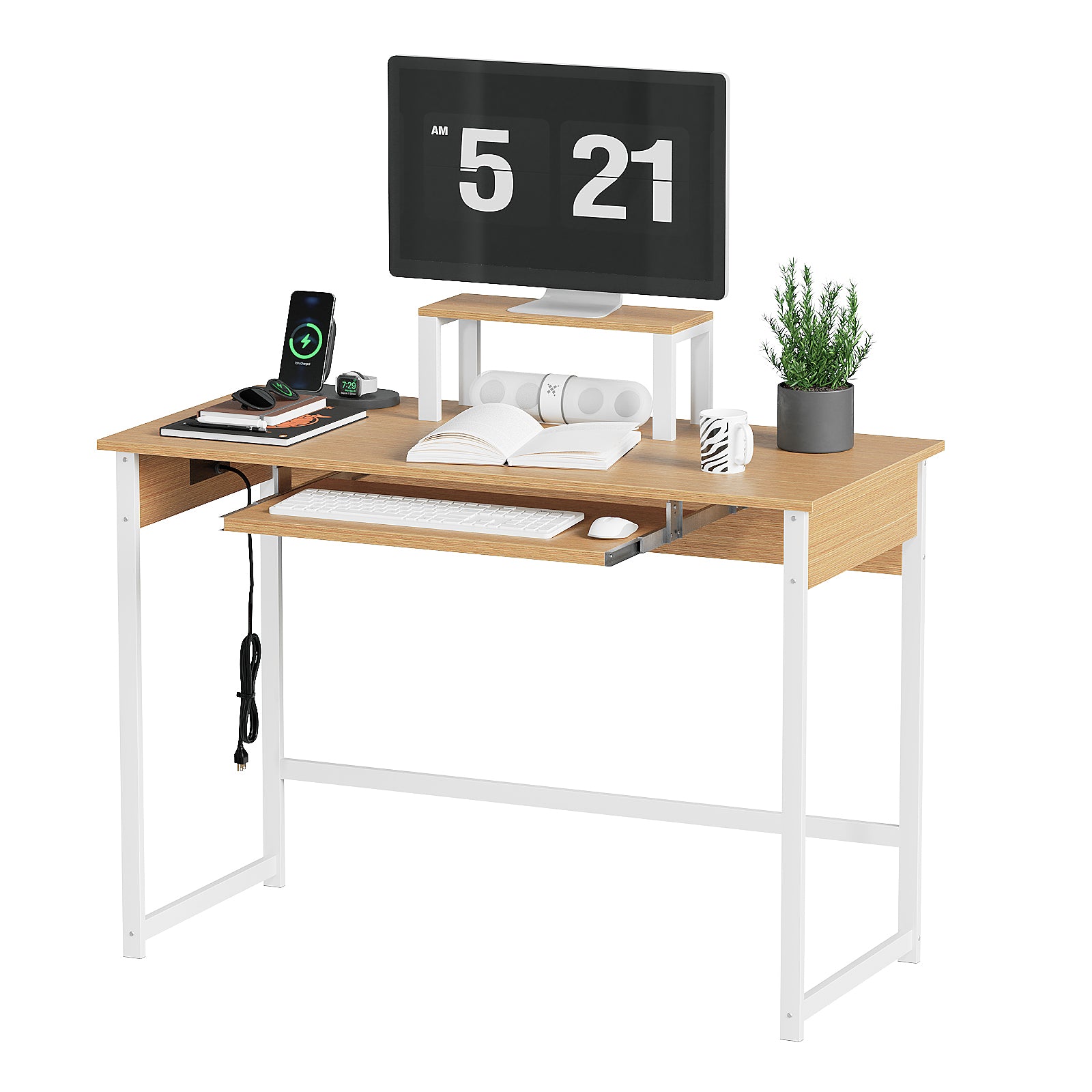 Modern Computer Desk with Keyboard Tray & Monitor Stand, Home Office Desk for Small Spaces, Study Writing Table with Storage Shelves, Gaming Desk, Black