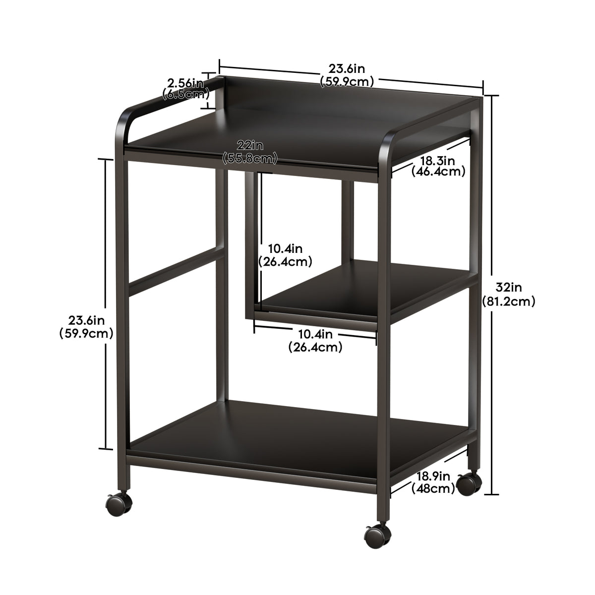 3-Tier Rolling Printer Stand with Storage Shelves for Home Office