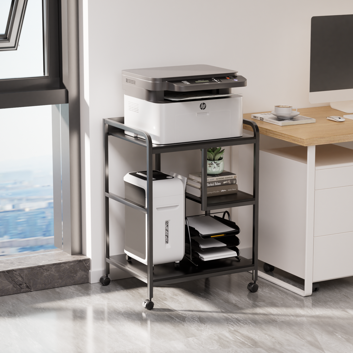 3-Tier Rolling Printer Stand with Storage Shelves for Home Office