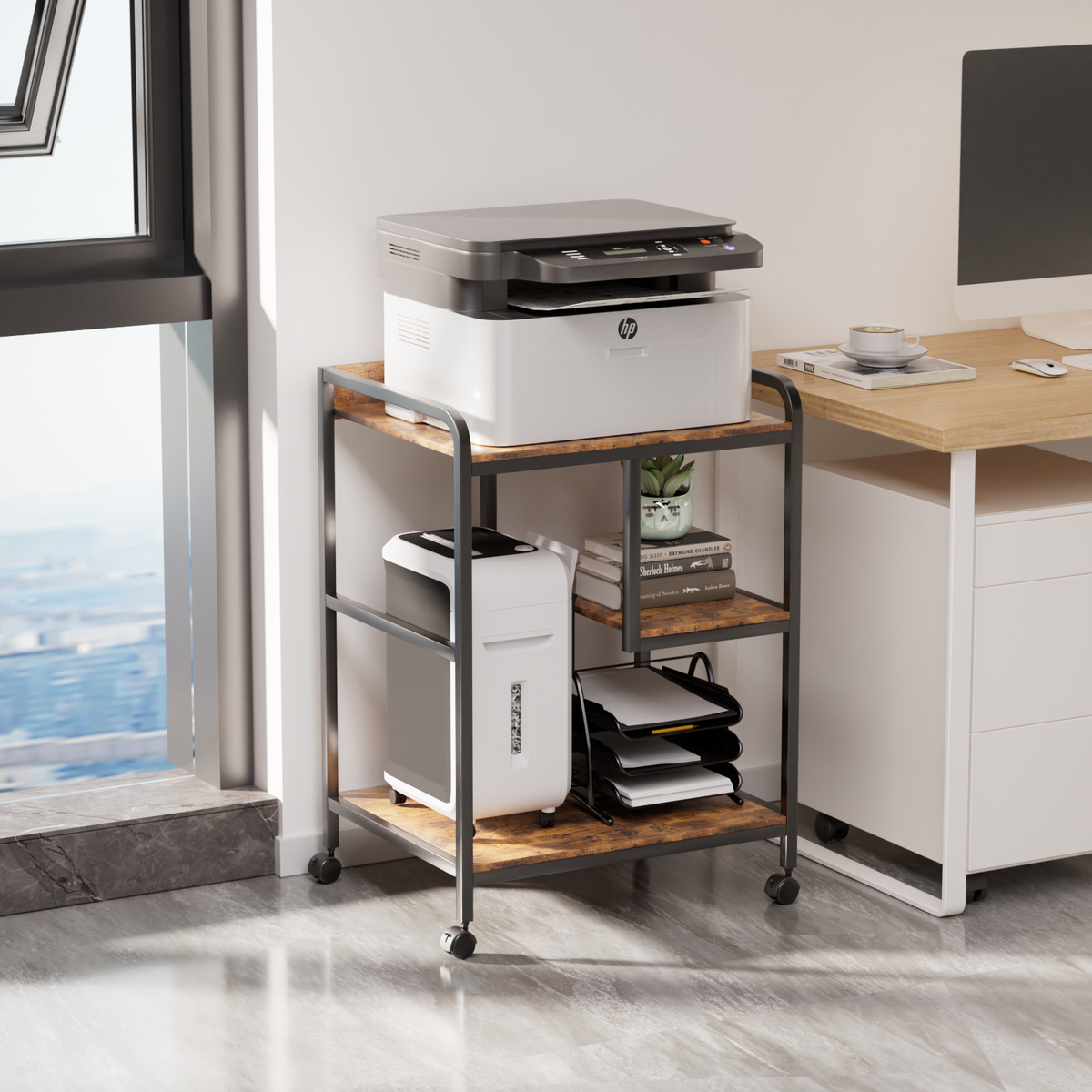 3-Tier Rolling Printer Stand with Storage Shelves for Home Office