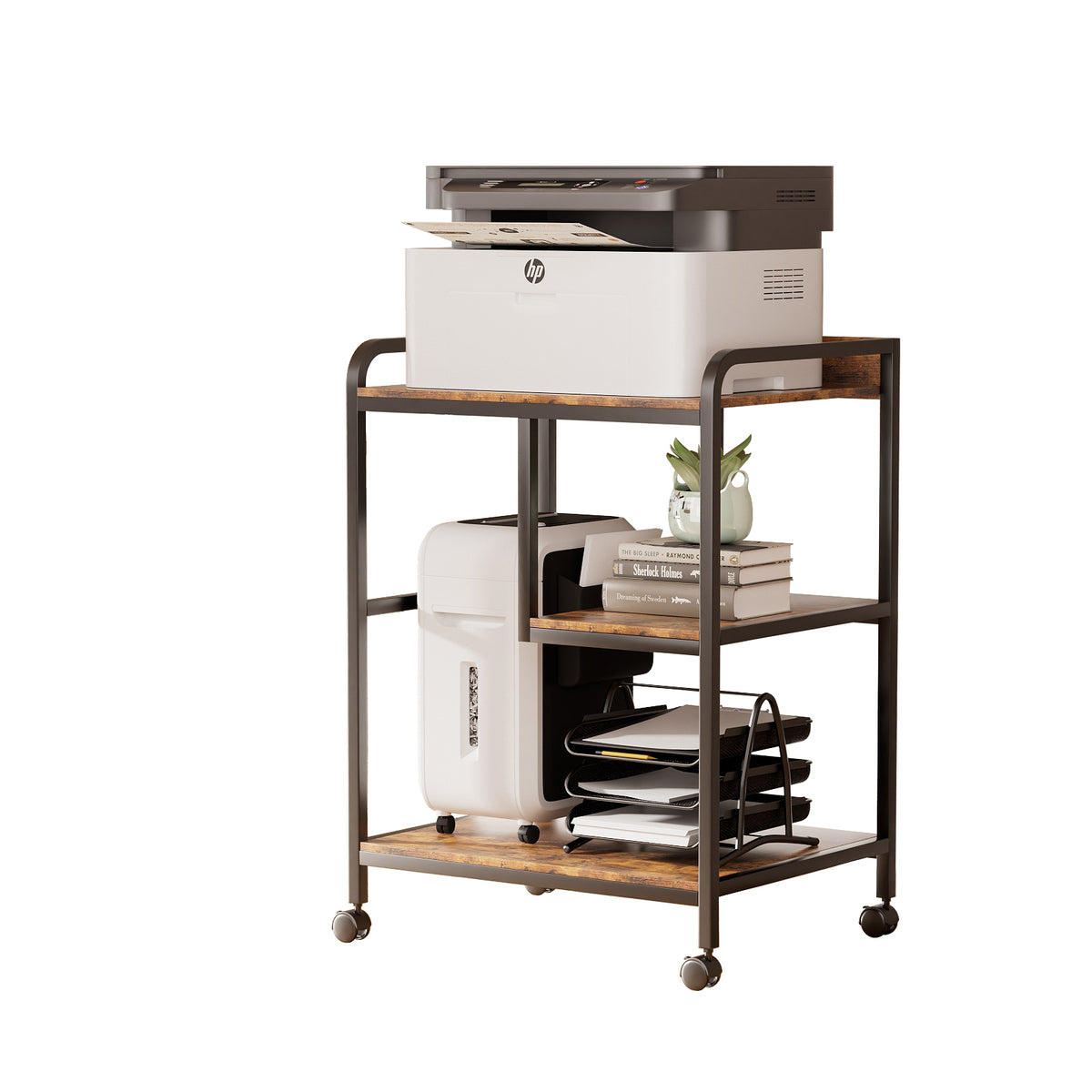 3-Tier Rolling Printer Stand with Storage Shelves for Home Office