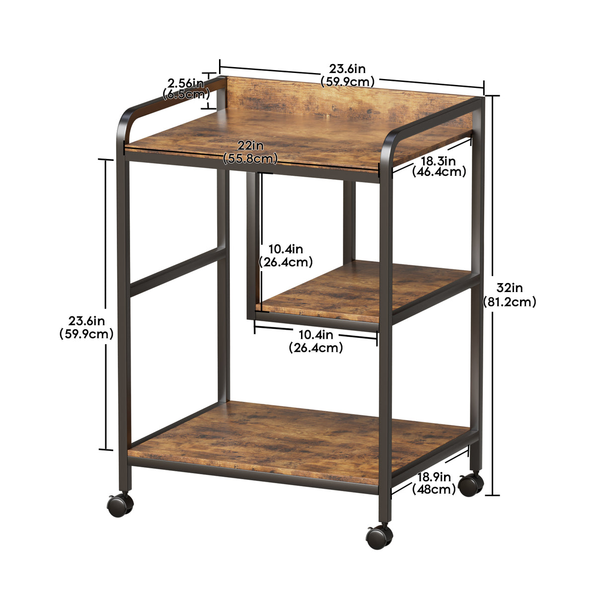 3-Tier Rolling Printer Stand with Storage Shelves for Home Office