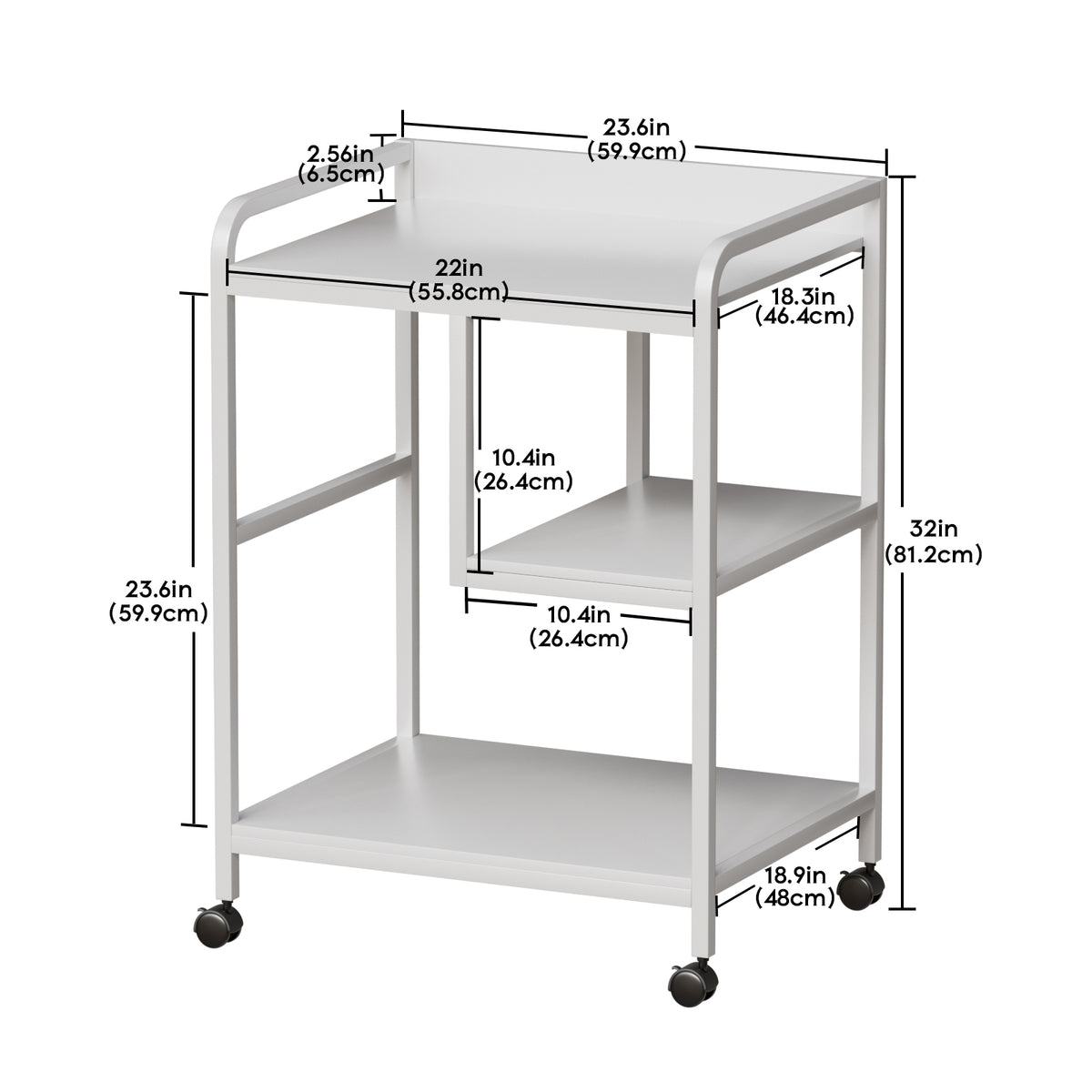 3-Tier Rolling Printer Stand with Storage Shelves for Home Office