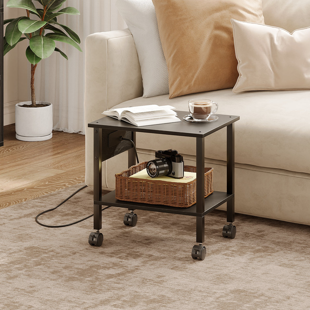 2-Tier Rolling Printer Stand with Power Outlets and USB Ports