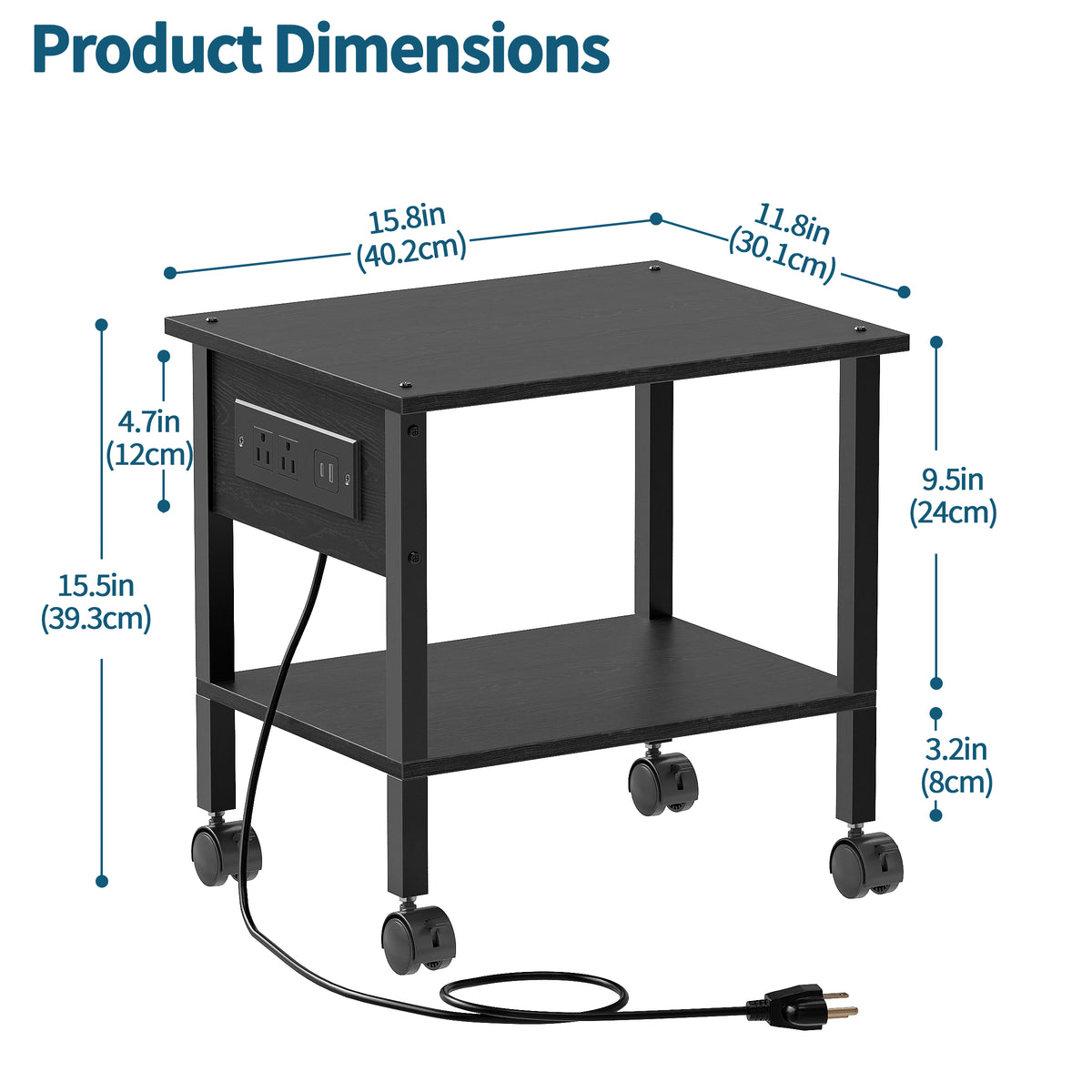 2-Tier Rolling Printer Stand with Power Outlets and USB Ports