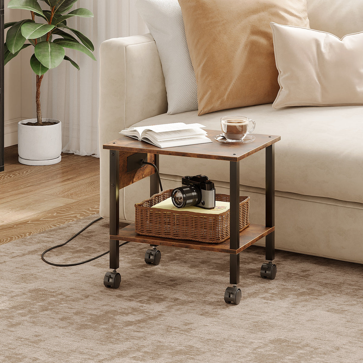 2-Tier Rolling Printer Stand with Power Outlets and USB Ports