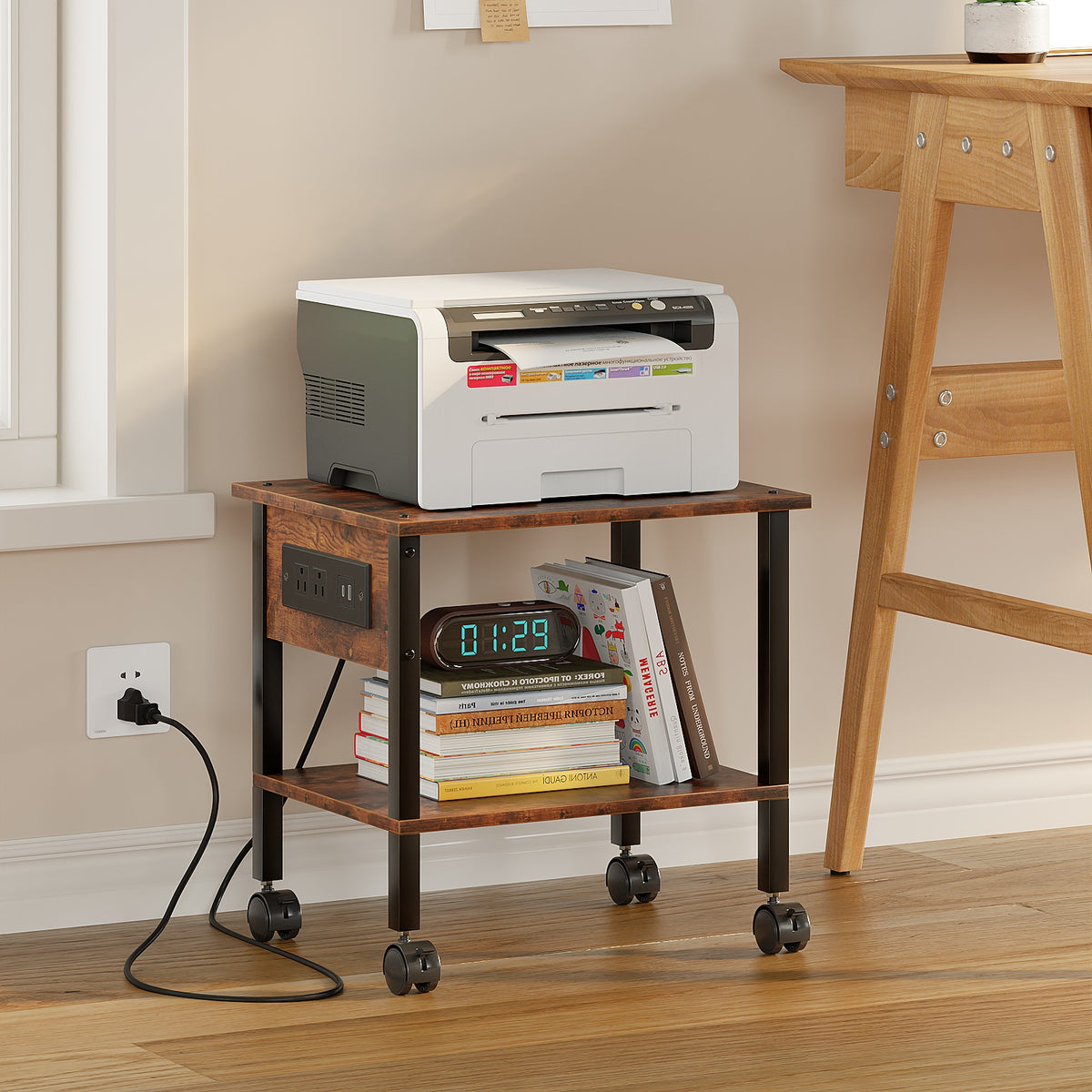 2-Tier Rolling Printer Stand with Power Outlets and USB Ports
