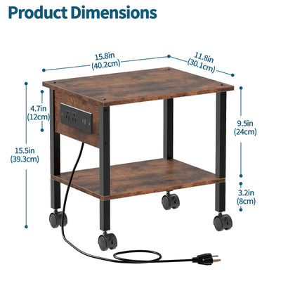 2-Tier Rolling Printer Stand with Power Outlets and USB Ports