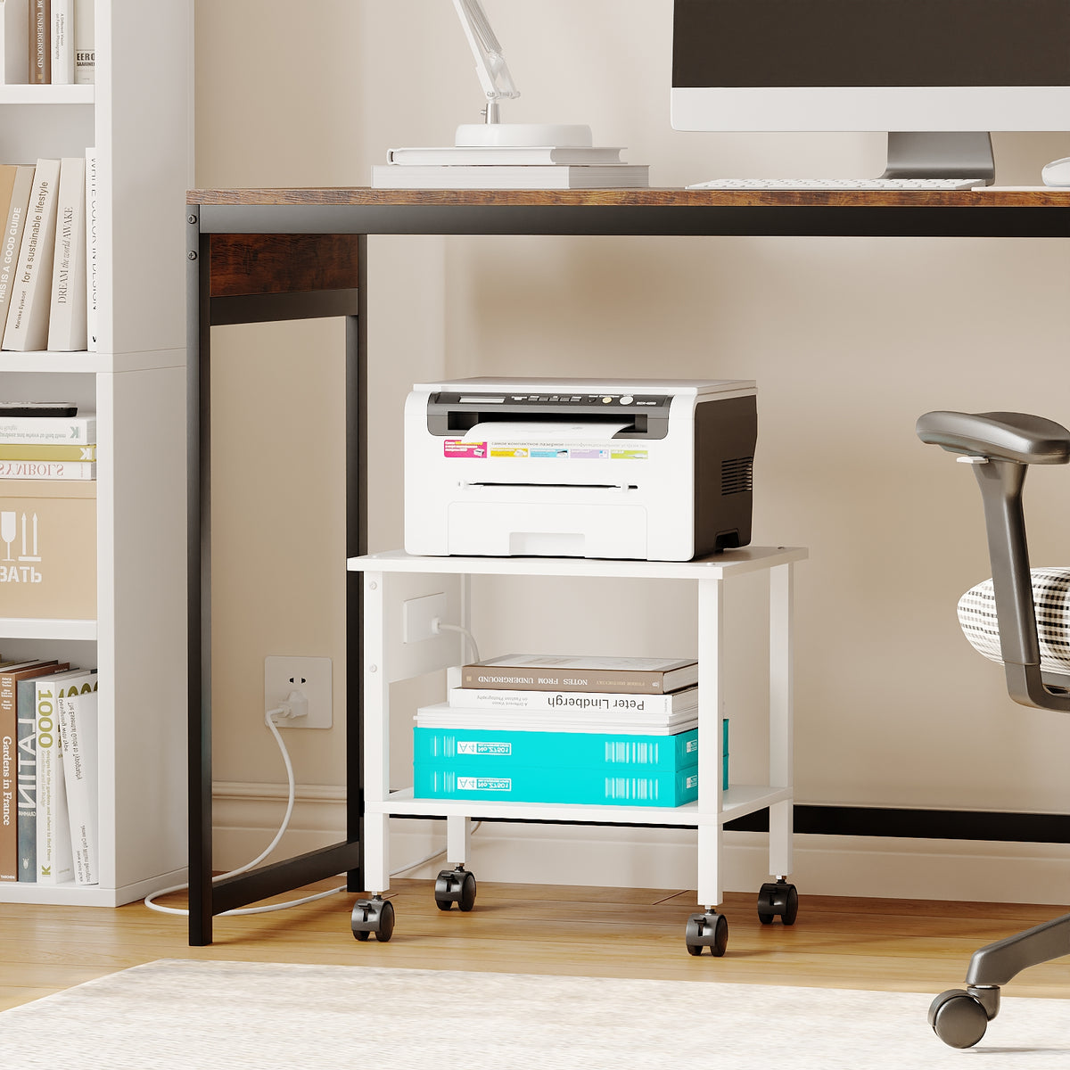 2-Tier Rolling Printer Stand with Power Outlets and USB Ports