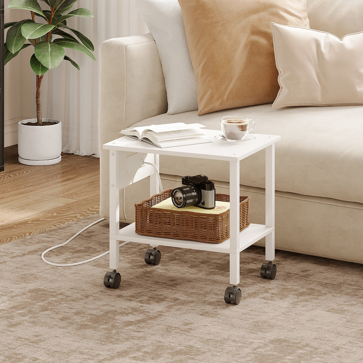 2-Tier Rolling Printer Stand with Power Outlets and USB Ports