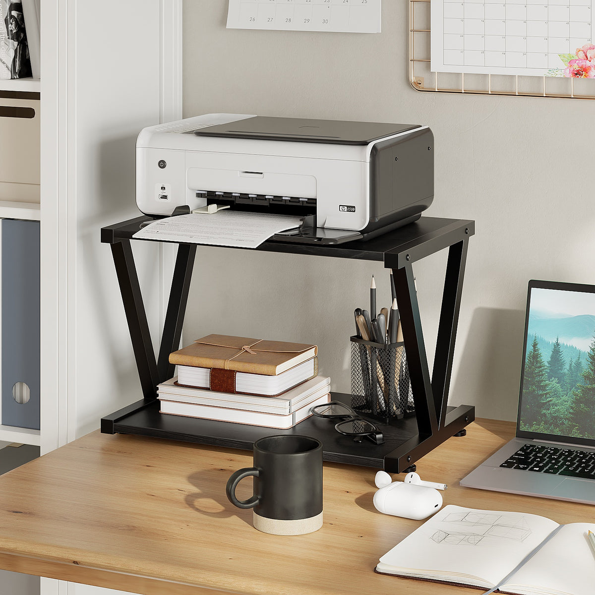 2-Tier Desktop Printer Stand with Storage Shelf for Home Office