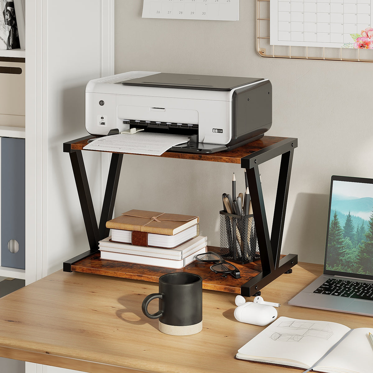 2-Tier Desktop Printer Stand with Storage Shelf for Home Office