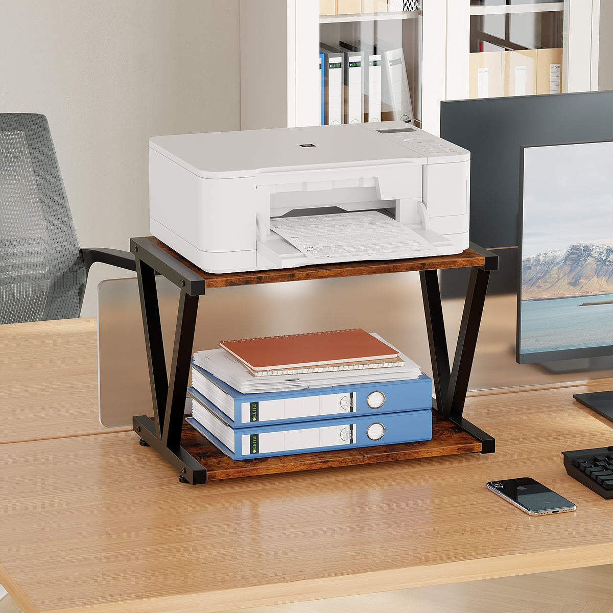 2-Tier Desktop Printer Stand with Storage Shelf for Home Office