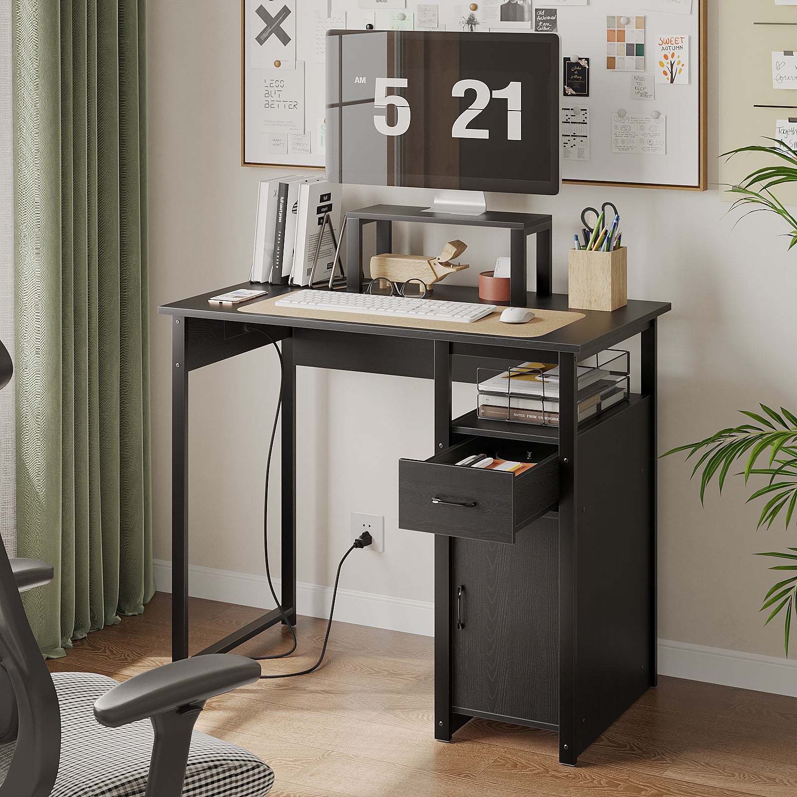 Computer Desk with Power Outlets and Monitor Stand, Small Home Office Desk with Storage Drawer & Cabinet, Compact Study Writing Desk PC Workstation for Small Spaces