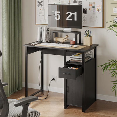 Computer Desk with Power Outlets and Monitor Stand, Small Home Office Desk with Storage Drawer & Cabinet, Compact Study Writing Desk PC Workstation for Small Spaces