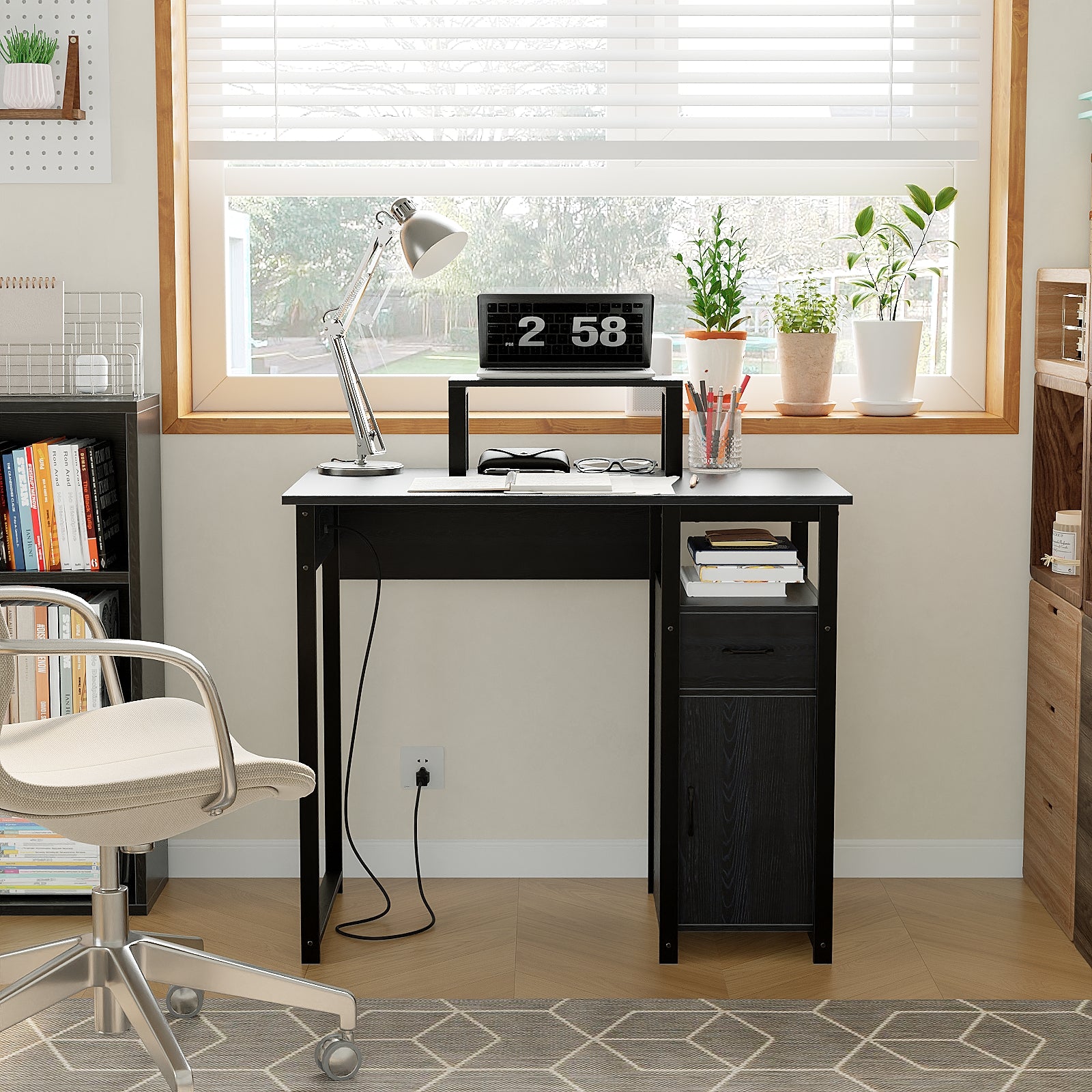 Computer Desk with Power Outlets and Monitor Stand, Small Home Office Desk with Storage Drawer & Cabinet, Compact Study Writing Desk PC Workstation for Small Spaces