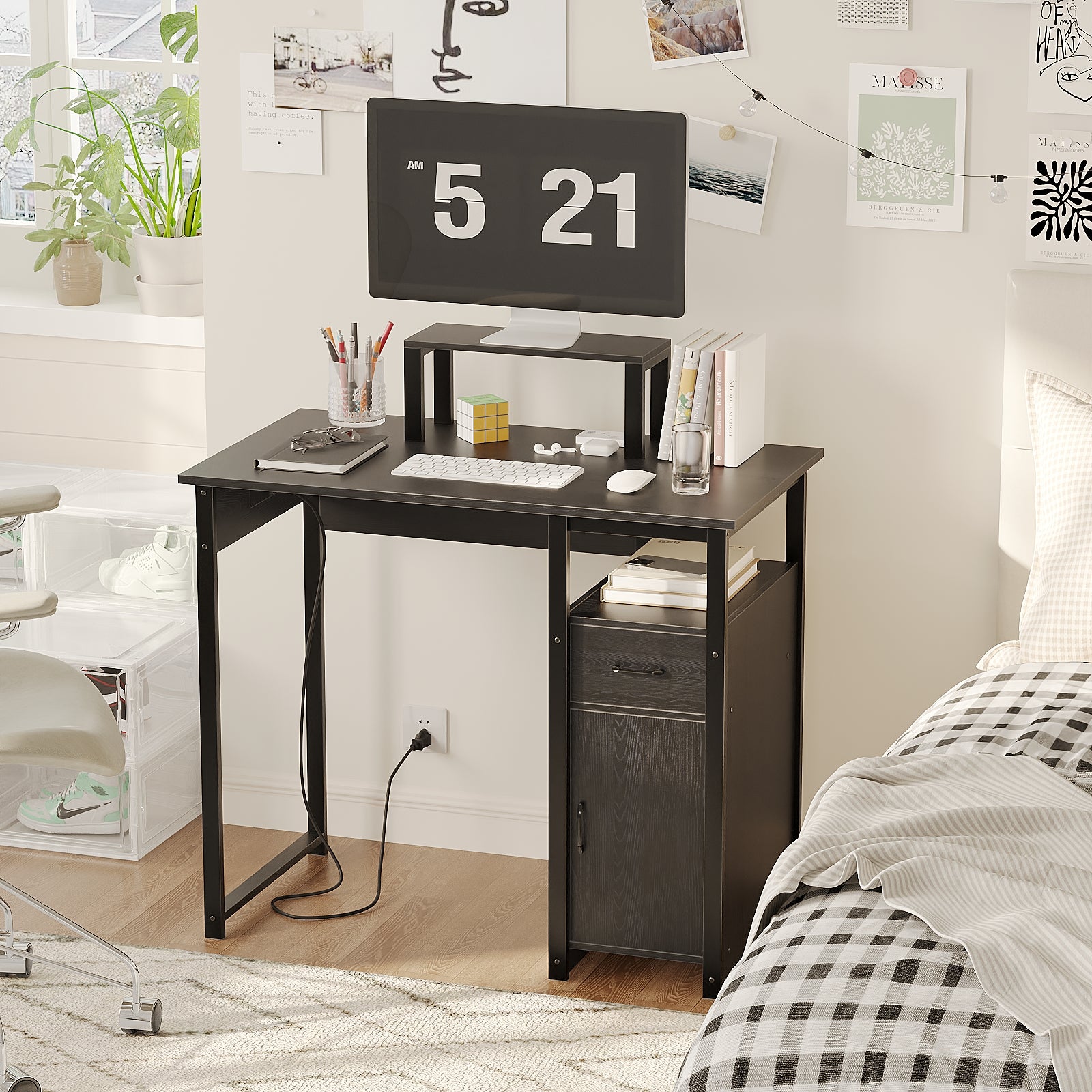 Computer Desk with Power Outlets and Monitor Stand, Small Home Office Desk with Storage Drawer & Cabinet, Compact Study Writing Desk PC Workstation for Small Spaces