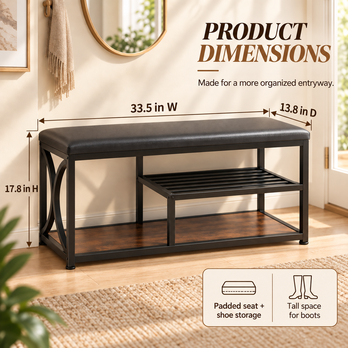 3-Tier Shoe Rack Bench with Padded Seat – Alisened