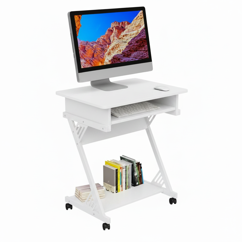 Computer Desk for Small Spaces with Wheels and Bottom Shelves