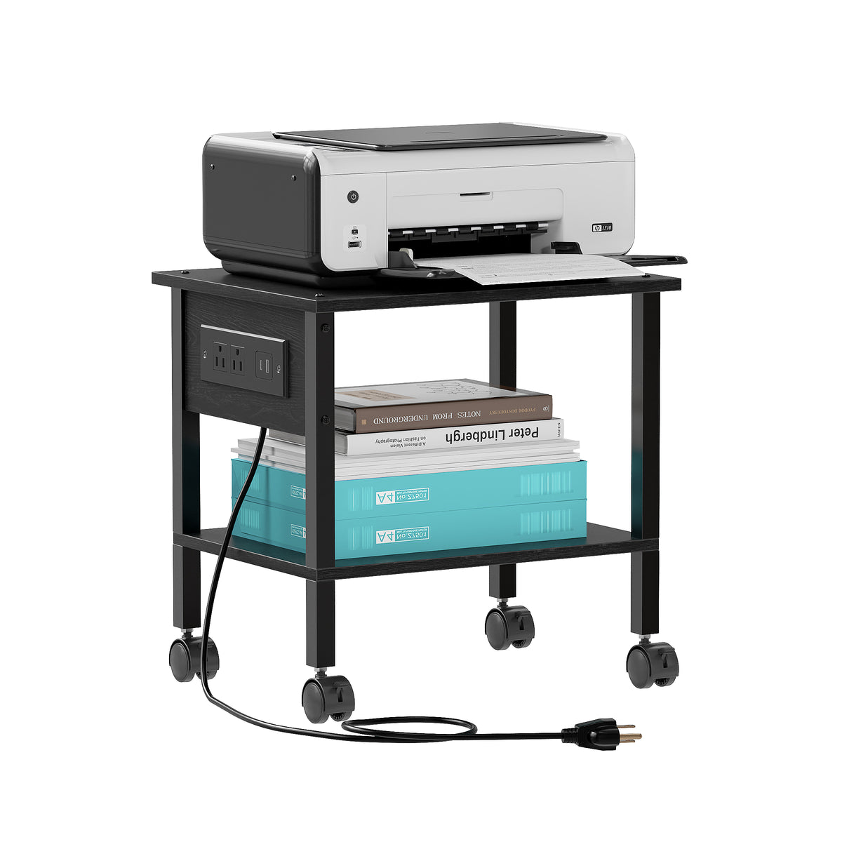 2-Tier Rolling Printer Stand with Power Outlets and USB Ports