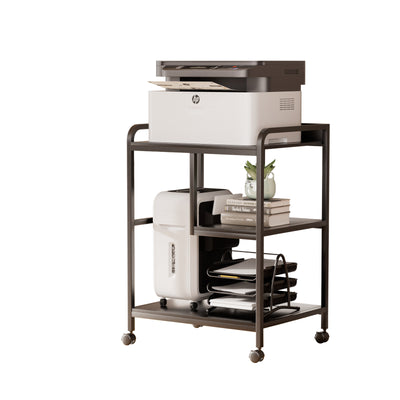 Black three-tier rolling printer stand with open storage shelves; equipment and accessories not included
