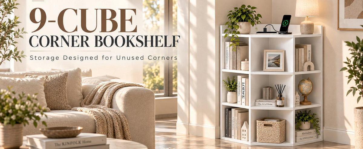 9-cube corner bookshelf in a bright living room
