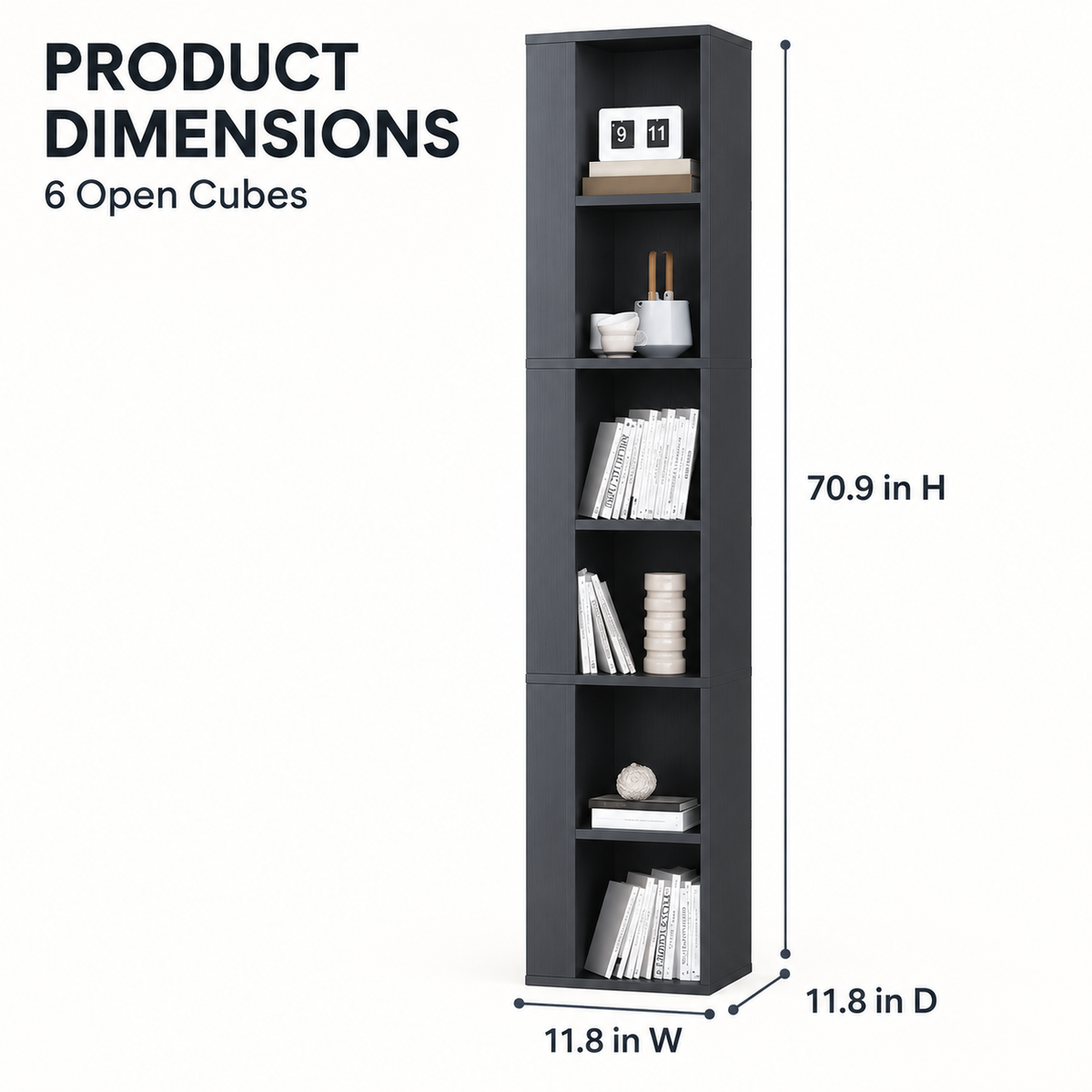 ALC-091 black bookshelf dimensions: 11.8 inches wide, 11.8 inches deep, 70.9 inches high