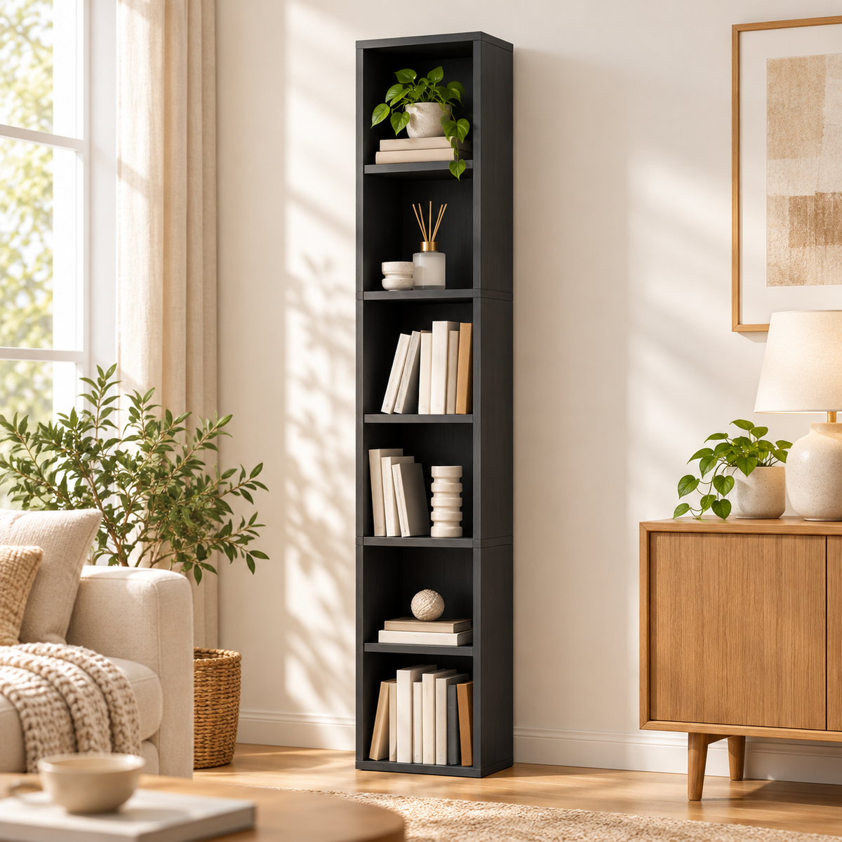 Alisened ALC-091 black 6-tier narrow bookshelf in living room