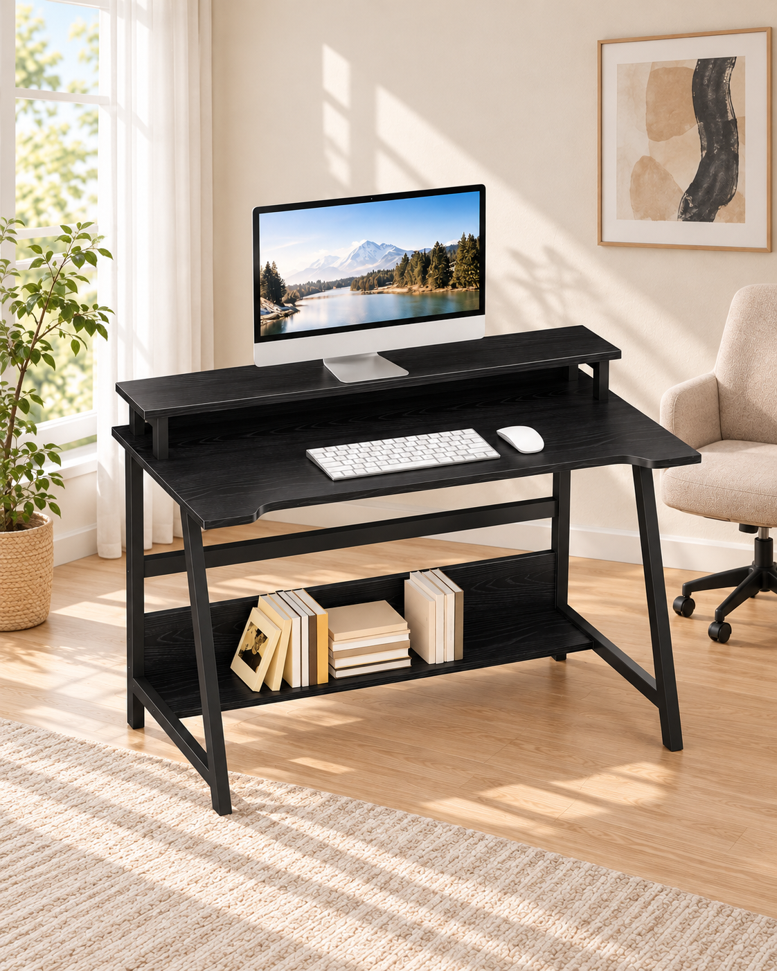 Black compact computer desk with full desk visible in a bright home office