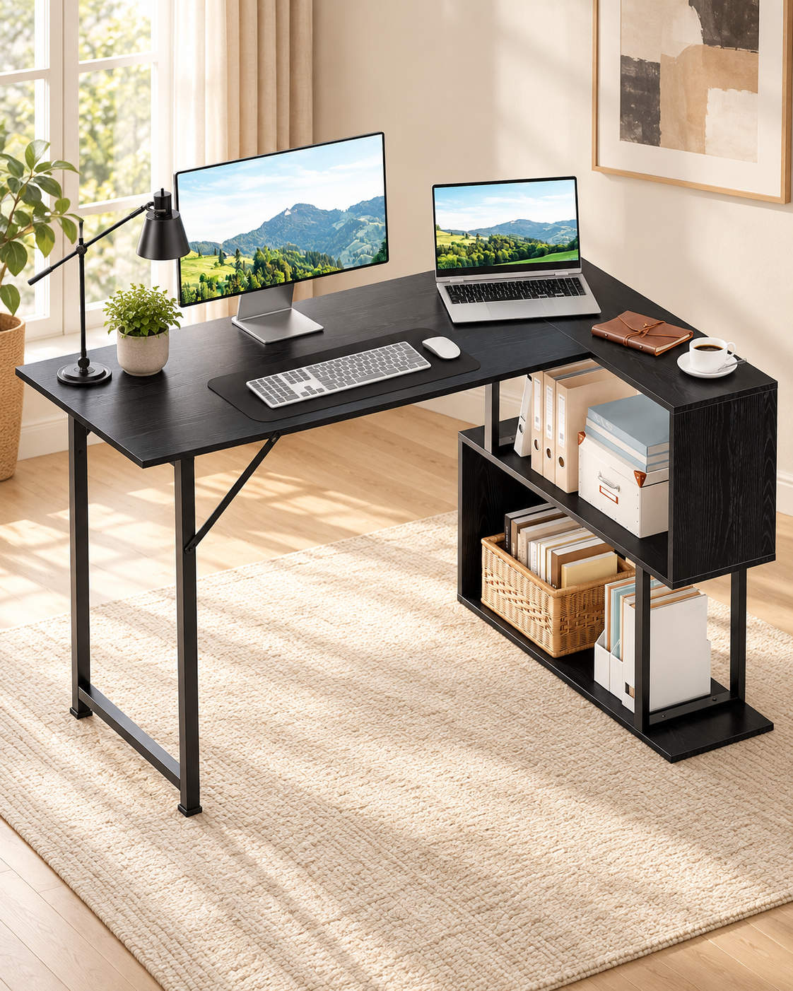 L-Shaped Computer Desk with Storage Shelves in a bright minimalist home office