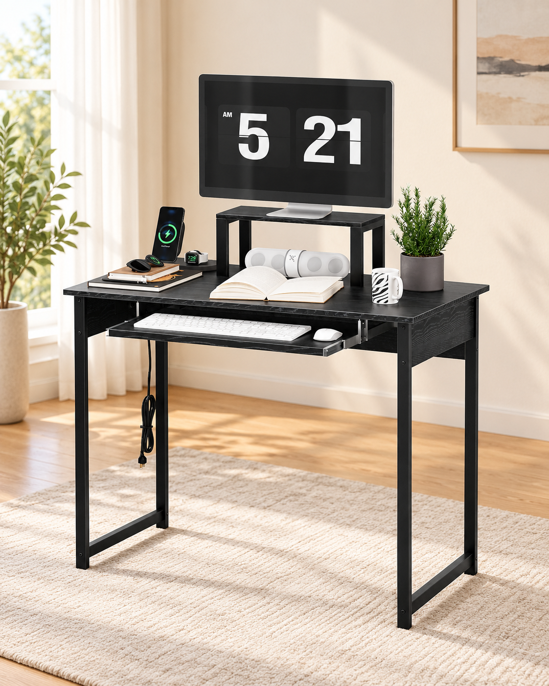 37.4-Inch Computer Desk with Monitor Stand and Keyboard Tray in a bright minimalist home office