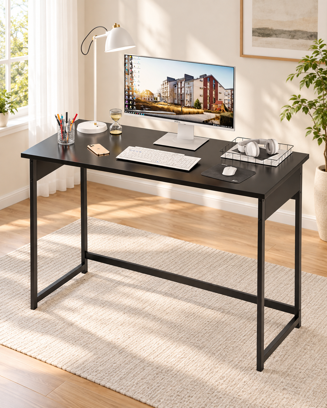 43-Inch Simple Computer Desk with Metal Frame in a bright minimalist home office